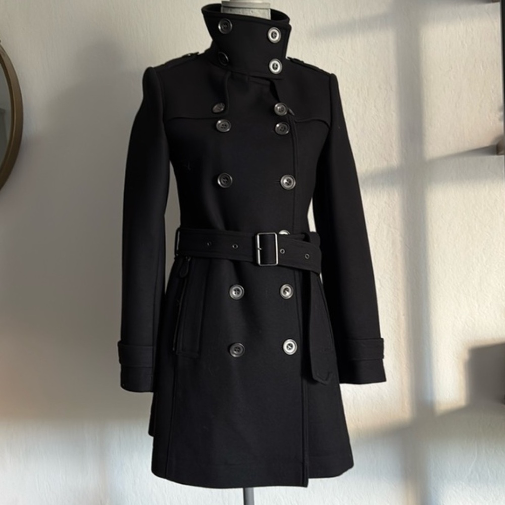 Burberry Black Wool Cashmere Classic Belted Trench Coat Size Small New